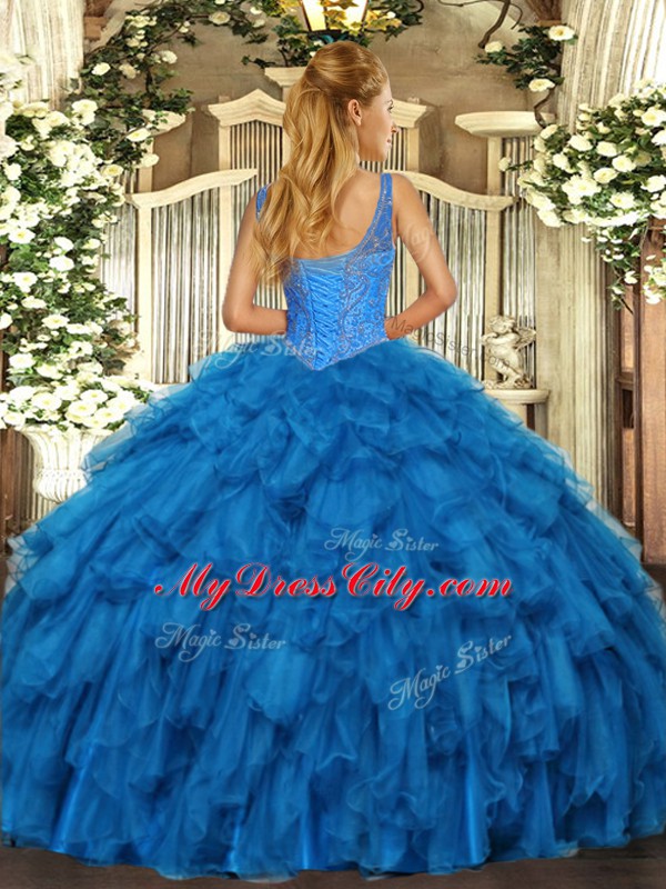 High End Royal Blue Sleeveless Organza Lace Up 15th Birthday Dress for Military Ball and Sweet 16 and Quinceanera