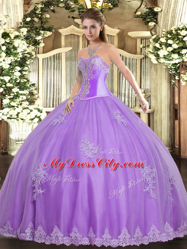 Tulle Sweetheart Sleeveless Lace Up Beading and Appliques Quinceanera Dresses in Lavender