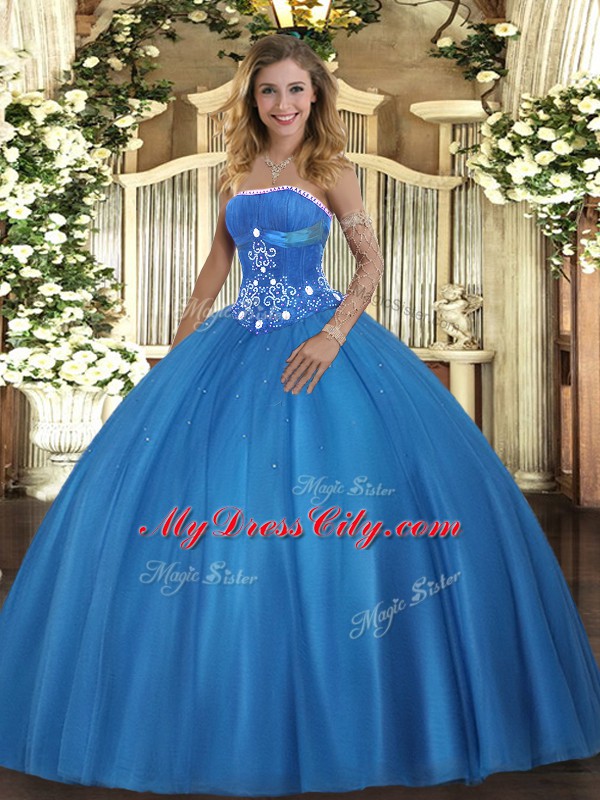 Trendy Baby Blue Tulle Lace Up 15th Birthday Dress Sleeveless Floor Length Beading