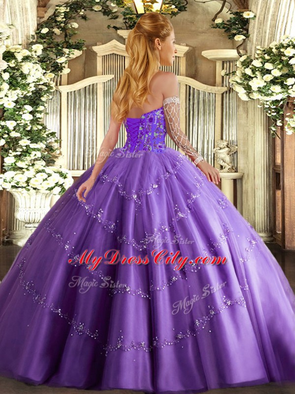 Custom Designed Lavender Lace Up Sweetheart Appliques and Embroidery Quinceanera Gown Tulle Sleeveless