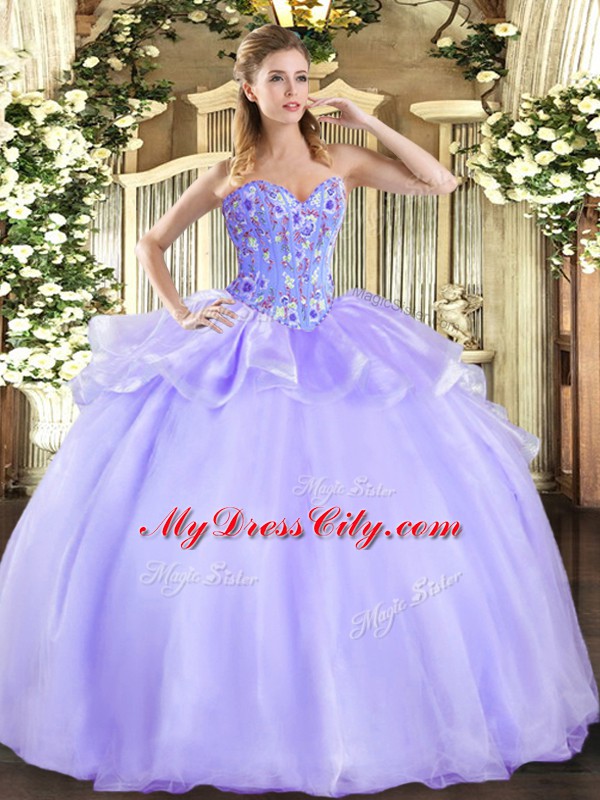 Discount Floor Length Lace Up Quinceanera Gowns Lavender for Military Ball and Sweet 16 and Quinceanera with Embroidery