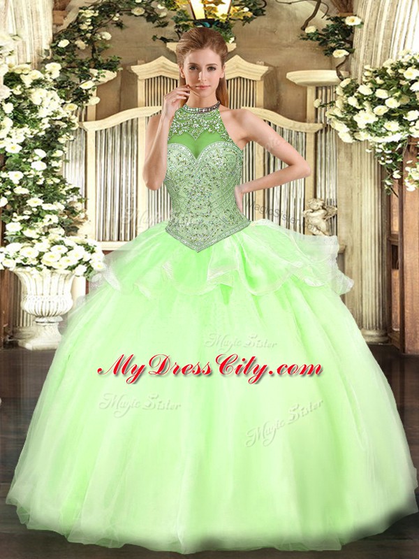 Yellow Green Tulle Lace Up Quinceanera Dress Sleeveless Floor Length Beading