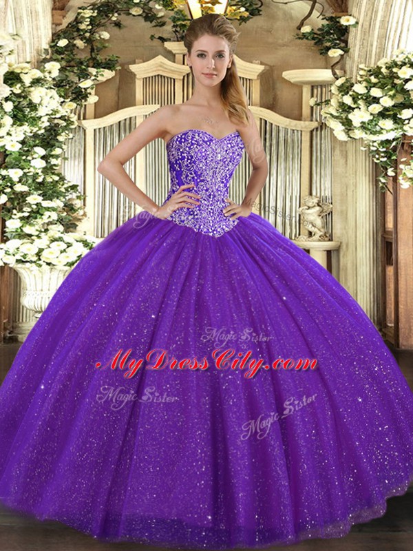 Floor Length Purple 15th Birthday Dress Sweetheart Sleeveless Lace Up