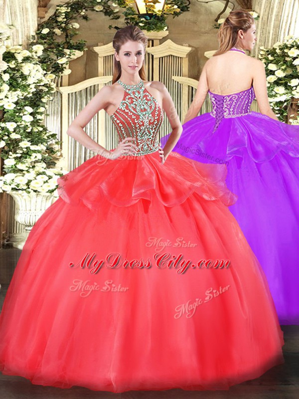 Spectacular Coral Red Ball Gowns Halter Top Sleeveless Tulle Floor Length Lace Up Beading and Ruffles Quinceanera Dresses