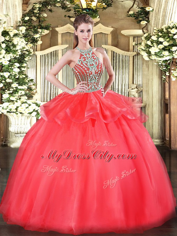 Spectacular Coral Red Ball Gowns Halter Top Sleeveless Tulle Floor Length Lace Up Beading and Ruffles Quinceanera Dresses