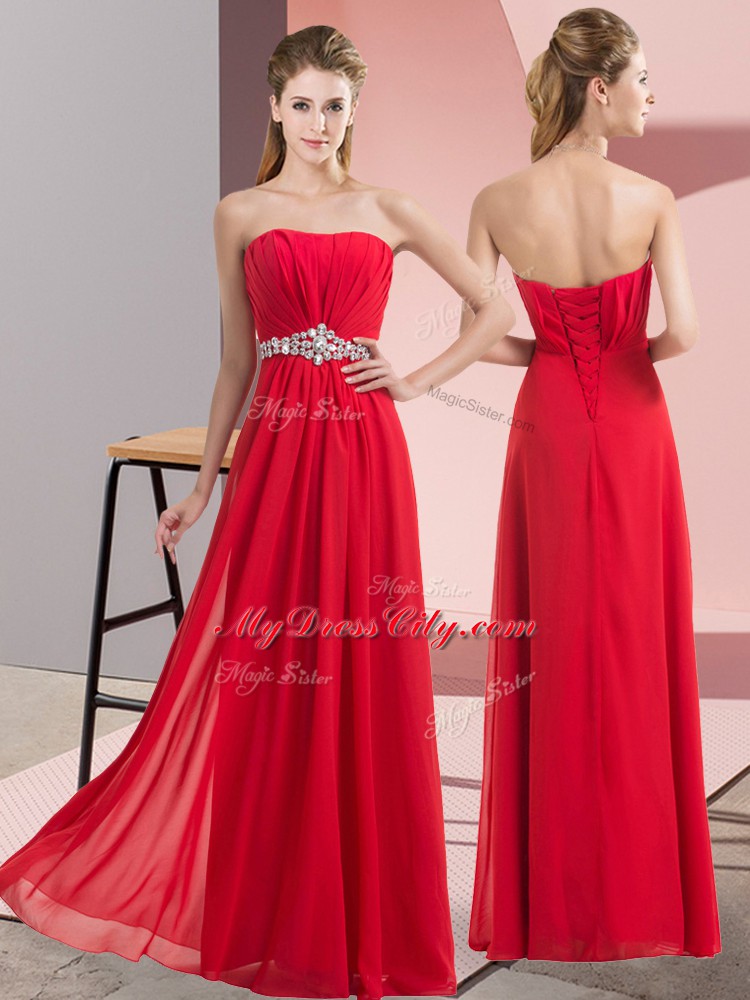 Most Popular Red Lace Up Strapless Beading Prom Dress Chiffon Sleeveless