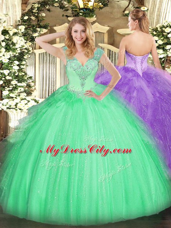 High Class Floor Length Apple Green Quinceanera Dresses V-neck Sleeveless Lace Up