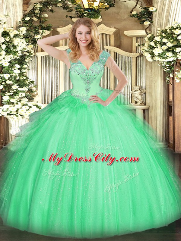 High Class Floor Length Apple Green Quinceanera Dresses V-neck Sleeveless Lace Up