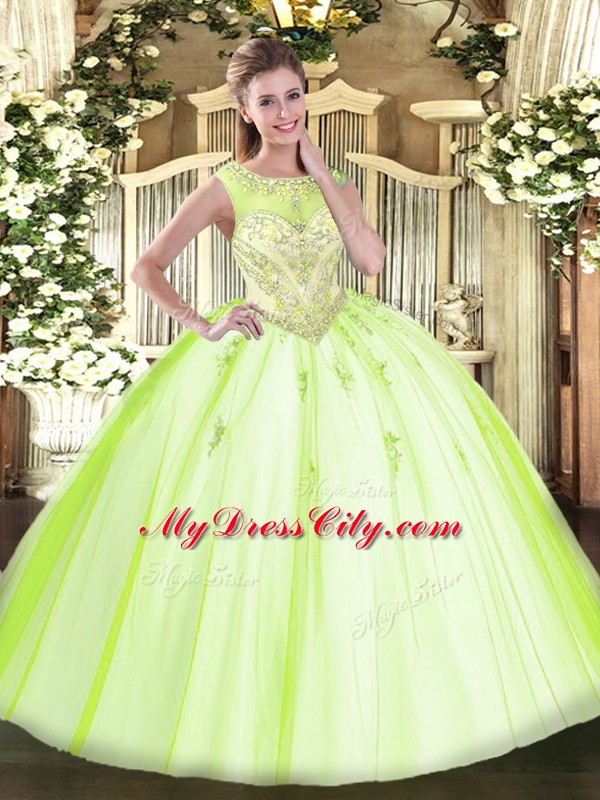 Hot Sale Yellow Green Scoop Zipper Beading and Appliques Quinceanera Dress Sleeveless