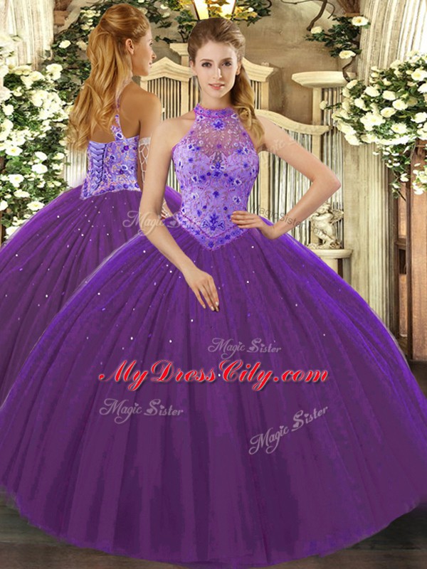 Purple Ball Gowns Beading and Appliques and Embroidery Quince Ball Gowns Lace Up Tulle Sleeveless Floor Length