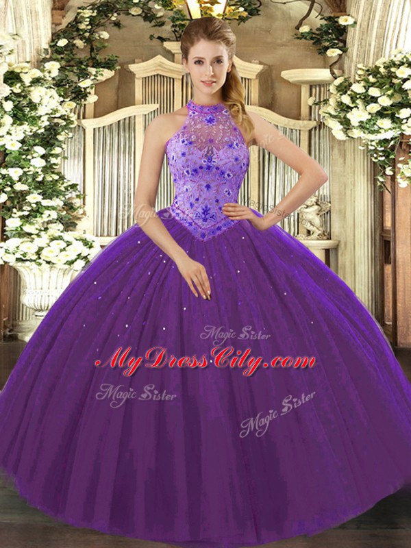 Purple Ball Gowns Beading and Appliques and Embroidery Quince Ball Gowns Lace Up Tulle Sleeveless Floor Length