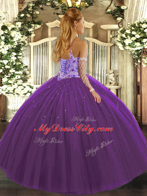 Purple Ball Gowns Beading and Appliques and Embroidery Quince Ball Gowns Lace Up Tulle Sleeveless Floor Length