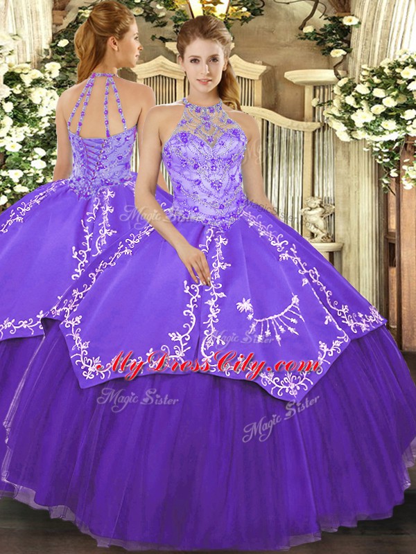 Luxury Ball Gowns 15 Quinceanera Dress Purple Halter Top Satin and Tulle Sleeveless Floor Length Lace Up