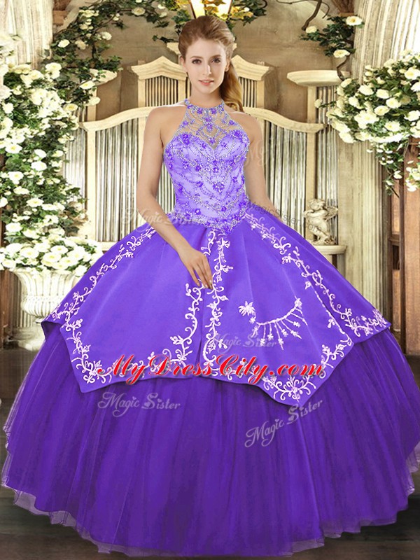 Luxury Ball Gowns 15 Quinceanera Dress Purple Halter Top Satin and Tulle Sleeveless Floor Length Lace Up