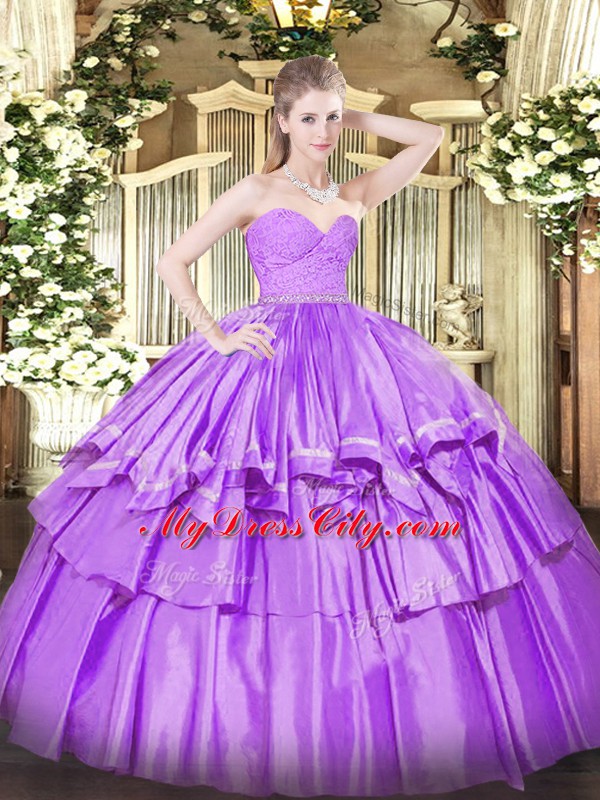 Lilac Sweetheart Zipper Beading and Lace and Ruffled Layers Quinceanera Gown Sleeveless