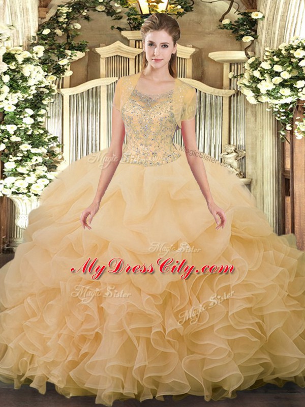 Champagne Scoop Neckline Beading and Ruffled Layers Quinceanera Dress Sleeveless Clasp Handle