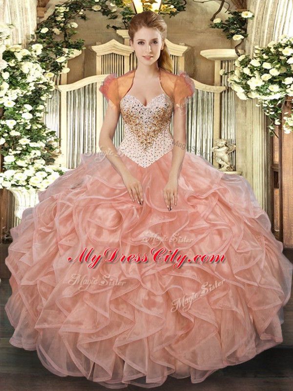 Comfortable Sweetheart Sleeveless Vestidos de Quinceanera Floor Length Beading and Ruffles Peach Organza