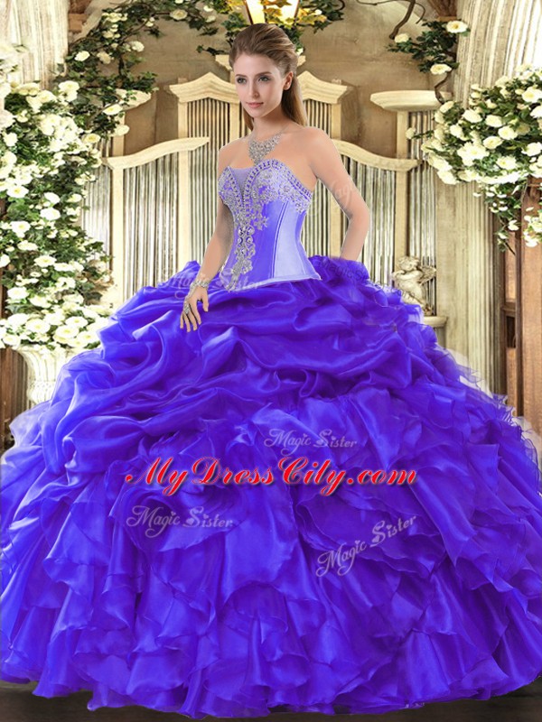 Sleeveless Organza Floor Length Lace Up 15th Birthday Dress in Blue with Beading and Ruffles