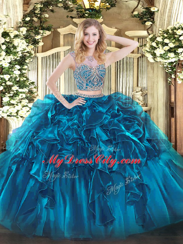 Blue Lace Up Scoop Beading and Ruffles 15th Birthday Dress Organza Sleeveless