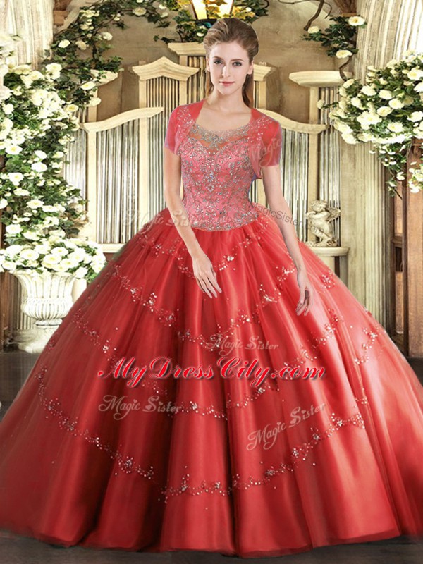 Affordable Coral Red Tulle Clasp Handle Scoop Sleeveless Floor Length 15 Quinceanera Dress Beading