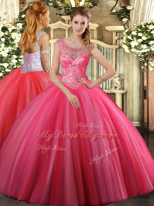 Beading Sweet 16 Dresses Coral Red Lace Up Sleeveless Floor Length