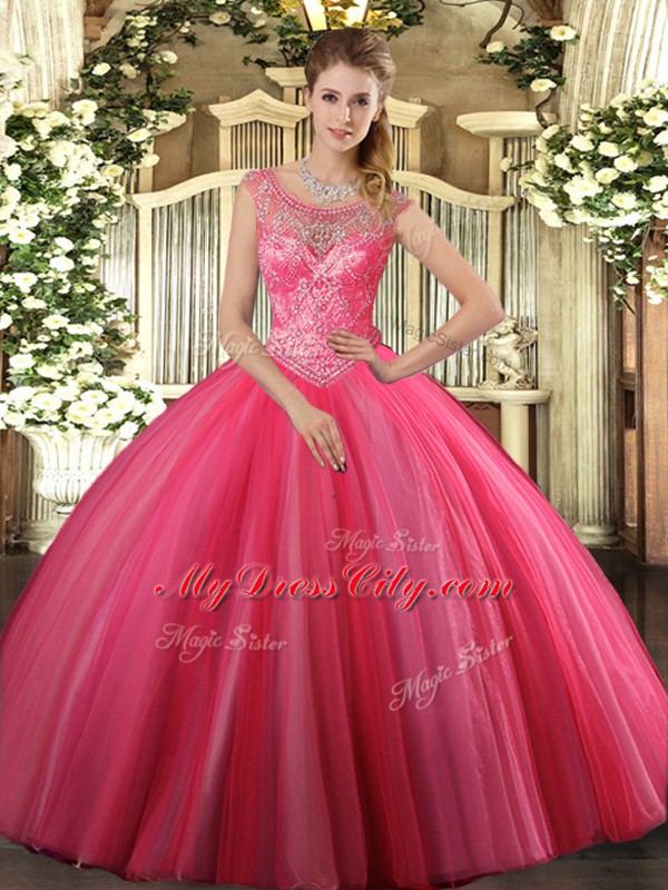 Beading Sweet 16 Dresses Coral Red Lace Up Sleeveless Floor Length