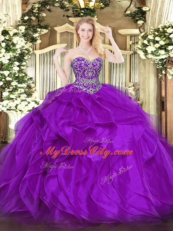 Noble Organza Sleeveless Floor Length Quinceanera Dress and Beading and Ruffles