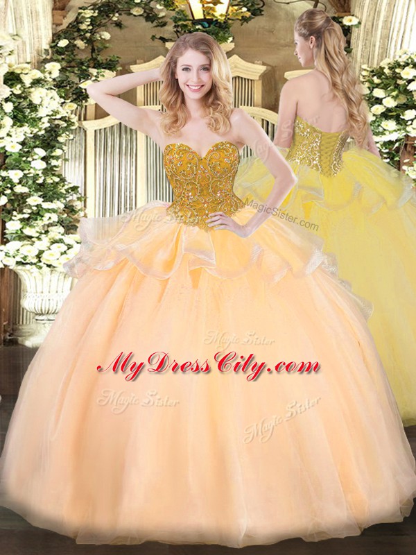 Amazing Orange Red Ball Gowns Organza Sweetheart Sleeveless Beading Floor Length Lace Up 15th Birthday Dress