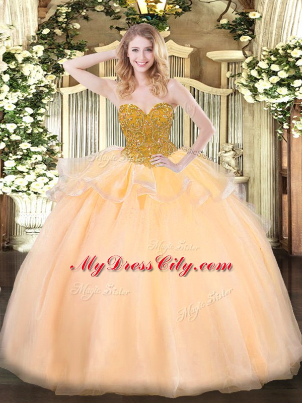 Amazing Orange Red Ball Gowns Organza Sweetheart Sleeveless Beading Floor Length Lace Up 15th Birthday Dress