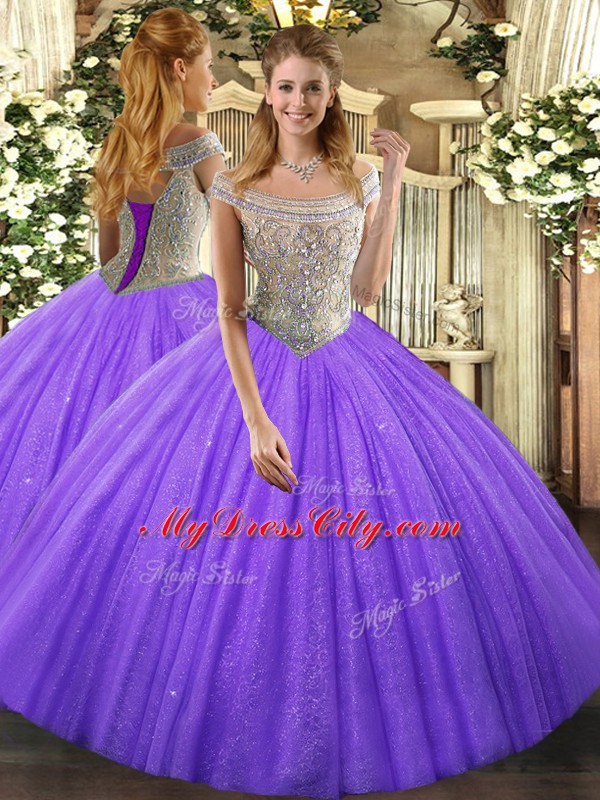 Ball Gowns Sweet 16 Dress Lavender Off The Shoulder Tulle Sleeveless Floor Length Lace Up