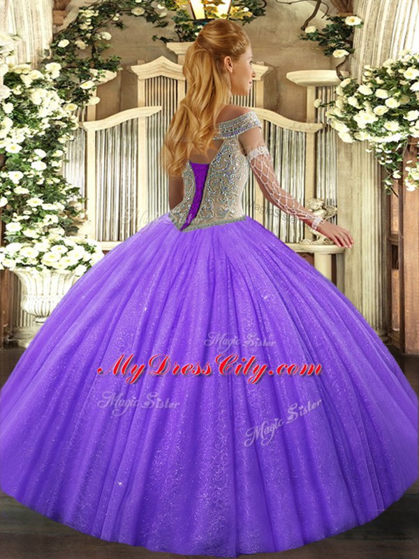 Ball Gowns Sweet 16 Dress Lavender Off The Shoulder Tulle Sleeveless Floor Length Lace Up