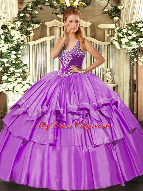 Top Selling Lilac Sleeveless Floor Length Beading and Ruffled Layers Lace Up Quinceanera Dress