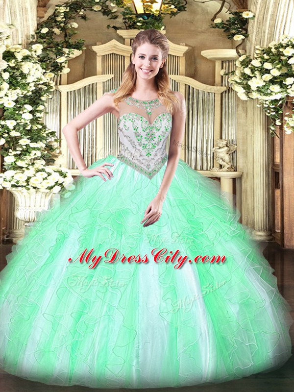 Sleeveless Tulle Floor Length Zipper 15 Quinceanera Dress in Apple Green with Beading and Ruffles