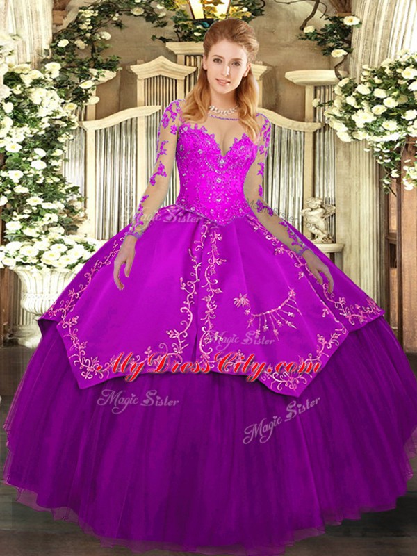 Glorious Purple Ball Gowns Organza and Taffeta Scoop Long Sleeves Lace and Embroidery Floor Length Lace Up Quinceanera Dress