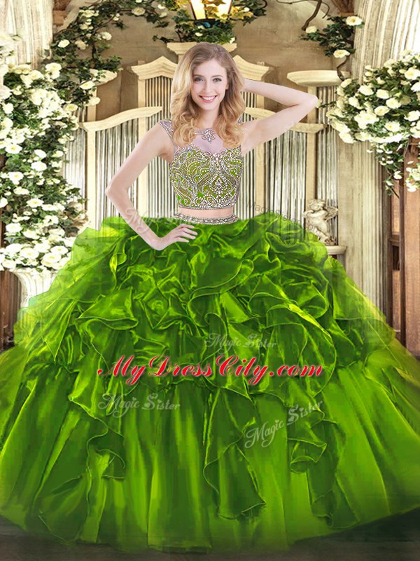 Clearance Olive Green Two Pieces Scoop Sleeveless Organza Floor Length Lace Up Beading and Ruffles 15th Birthday Dress