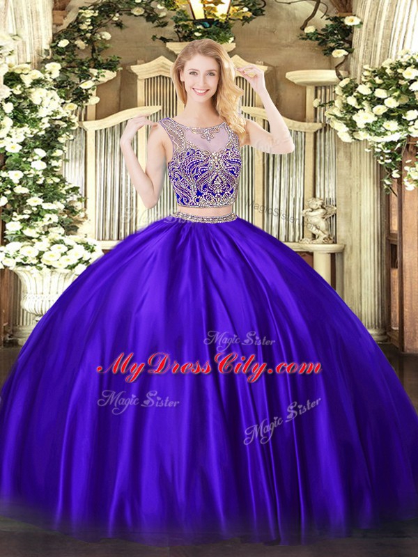 Dynamic Sleeveless Floor Length Beading Lace Up 15th Birthday Dress with Purple