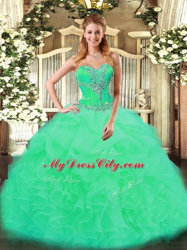 Hot Sale Turquoise Sleeveless Beading and Ruffles Floor Length Quince Ball Gowns