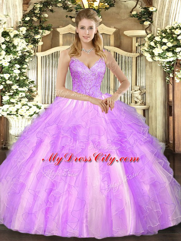 Classical Sleeveless Tulle Floor Length Lace Up Quinceanera Dress in Lilac with Beading and Ruffles