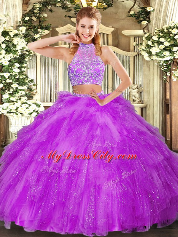 Fuchsia Halter Top Neckline Beading and Ruffles 15 Quinceanera Dress Sleeveless Criss Cross