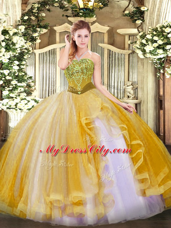 Fancy Strapless Sleeveless 15 Quinceanera Dress Floor Length Beading and Ruffles Gold Tulle