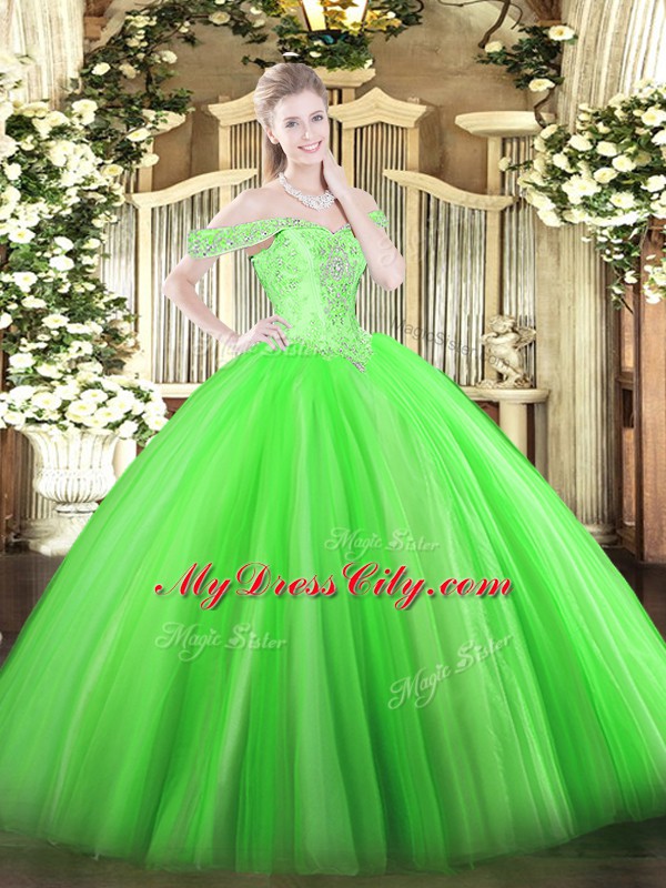 Unique Sleeveless Tulle Floor Length Lace Up Quinceanera Gowns in Green with Beading