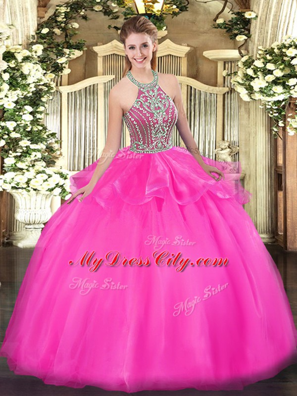 Low Price Beading and Ruffles Sweet 16 Dress Hot Pink Lace Up Sleeveless Floor Length