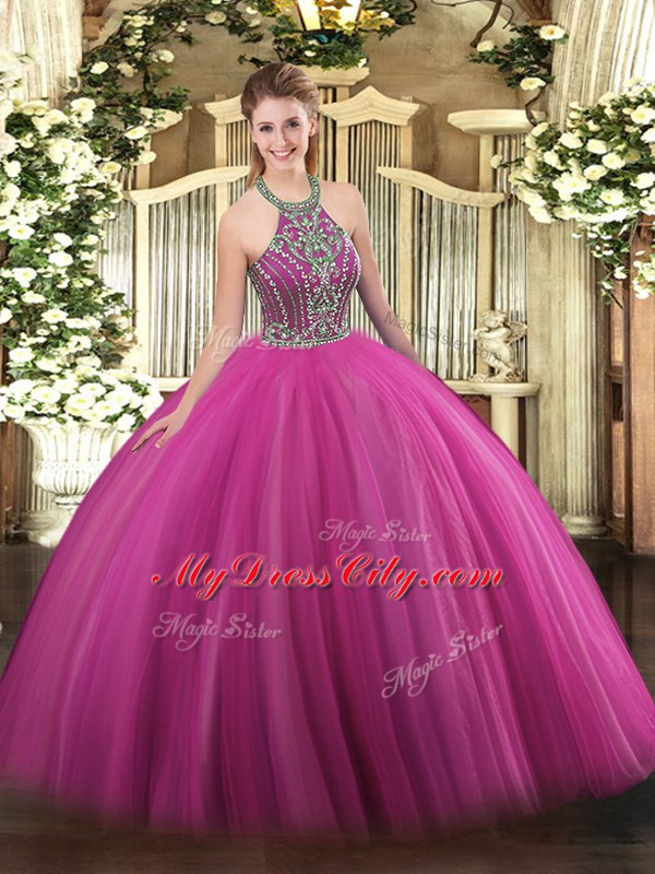 Beauteous Sleeveless Floor Length Beading Lace Up Quinceanera Dress with Hot Pink