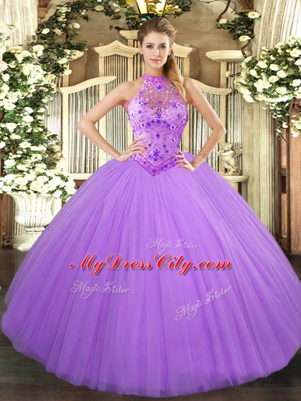 Lavender Tulle Lace Up 15 Quinceanera Dress Sleeveless Floor Length Beading and Embroidery