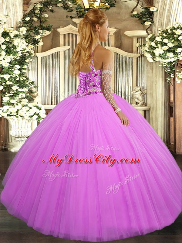 Lavender Tulle Lace Up 15 Quinceanera Dress Sleeveless Floor Length Beading and Embroidery