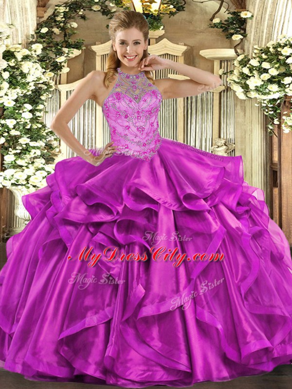 Halter Top Sleeveless Quince Ball Gowns Floor Length Beading and Embroidery and Ruffles Fuchsia Organza