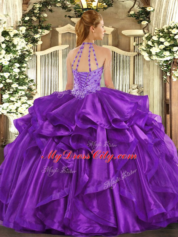 Halter Top Sleeveless Quince Ball Gowns Floor Length Beading and Embroidery and Ruffles Fuchsia Organza