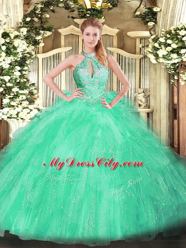 Halter Top Sleeveless Lace Up Vestidos de Quinceanera Apple Green Organza