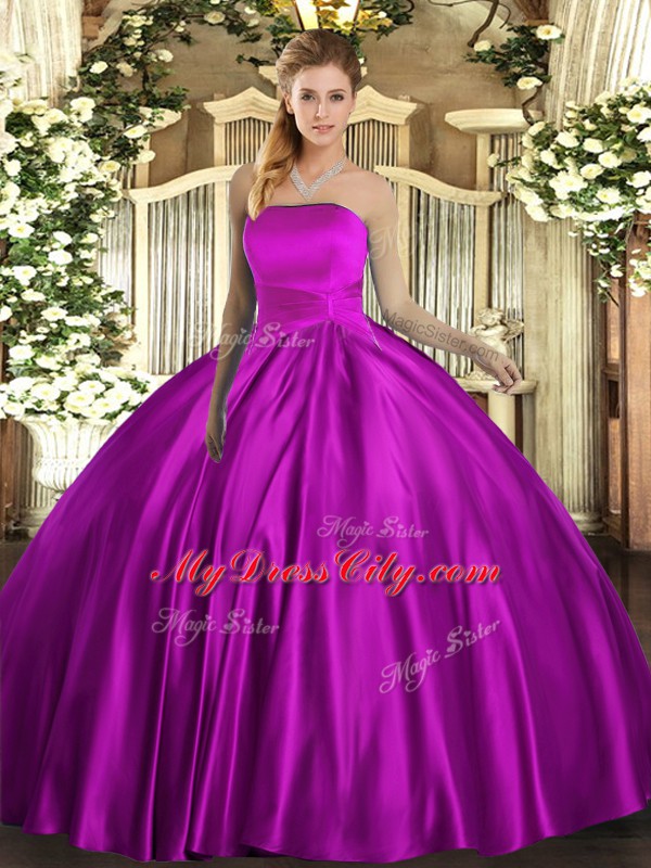 Cute Fuchsia Lace Up Quinceanera Dress Ruching Sleeveless Floor Length