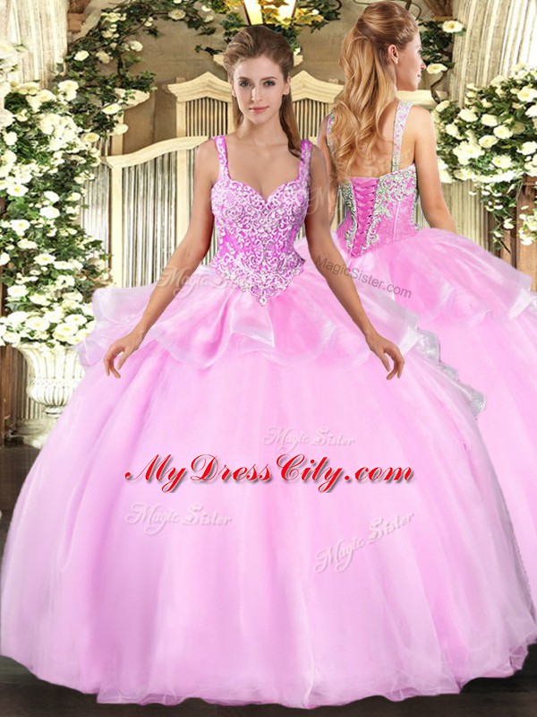 Designer Pink Organza Lace Up Straps Sleeveless Floor Length Quinceanera Dresses Beading